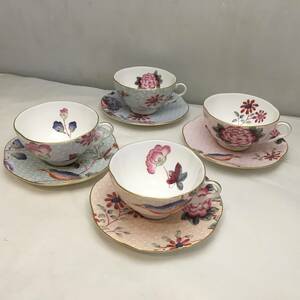 ■WEDGWOOD ウェッジウッド カップ&ソーサー 4客セット CUCKOO カッコー ブルー/ピンク 花 カッコウ 全て柄違い■