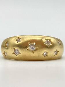 [美品]K18YG日本製星デザインイエローゴールド天然ダイヤモンド金リング指輪