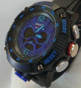 腕時計/SMAEL ベルト黒 盤面青 ライト クォーツ/新品/to00001
