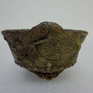 盆栽鉢 谷 嵐山 紫泥竜浮彫籠目外縁丸鉢 新品