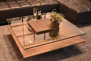 新品デザイン スクエア強化ガラスセンターテーブル 幅100cm ウォールナット材コーヒーテーブル家具おしゃれ北欧テーブルBR:ST46D09-KC