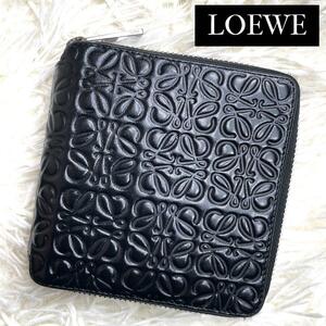 美品 / LOEWE ロエベ リピートアナグラムコンパクトウォレット 二つ折り財布 ジッピー エンボスアナグラムレザー 型押し ブラック