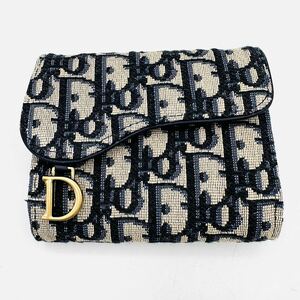 ★美品★ ChristianDior クリスチャンディオール Dior CD キャンバス レザー ネイビー 財布 ミニ財布 ウォレット NK