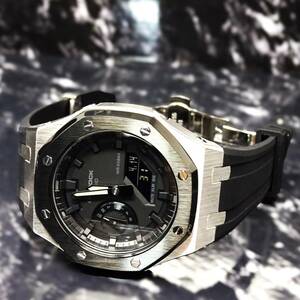送料無料・新品・Gショックカスタム本体付きGA2100海外ステンレス製ツートンベゼル＆ブラックシリコンラバーベルト腕時計・カシオーク
