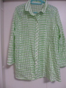 緑系ブロックチェックギンガムチェックロールアップ可薄手透け感あり長袖シャツM～Lサイズ薄手のジャケット