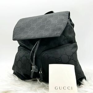 ●極美品 ●GUCCI グッチ リュック バックパック ● GG柄 ナイロン×レザー ブラック 黒 ●インプリメ デカロゴ 巾着 メンズ レディース