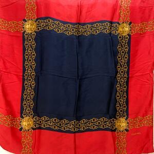 ◆CHANEL シャネル スカーフ◆ レッド シルク100％ チェーン柄 ココマーク レディース 絹 服飾小物 KO1014