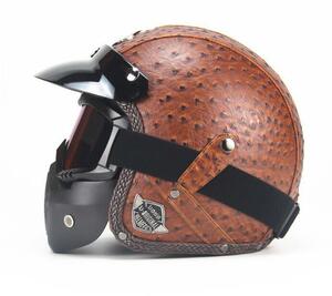 ハーレーヘルメット バイクヘルメット ジェットヘルメット PUレザー バイザー付き ゴーグル マスク付 カラー:G サイズ:XXL