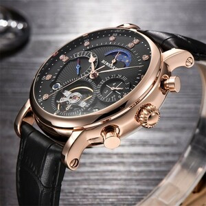 【送料無料】メンズ腕時計機械式トゥールビヨン高級ファッションブランド革男スポーツ腕時計メンズ自動腕時計レロジオMas Black
