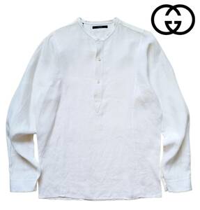 希少・レア 良質 ◆ GUCCI ◆ グッチ ◆ リネン マオカラー ホワイト シャツ イタリア製 正規品 メンズ 麻 長袖 白 定価 93,450円