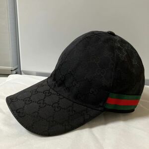 【美品】GUCCI グッチ ベースボールキャップ 帽子 キャンパス地 シェリーライン GGシマ レザー Lサイズ シリアルあり