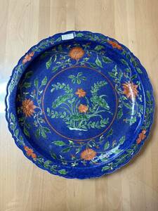 中国古美術 骨董品 大皿 飾り皿 藍釉 彩絵　蓮花　在銘有り　明時代　希有 「関東重要蔵家旧蔵」 