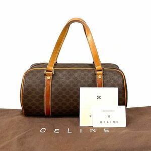 【美品】CELINE セリーヌ　ドラムバッグ　ハンドバッグ　オールレザー　マカダム柄　ブラゾン金具　ゴールド金具　ブラウン