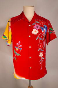 ⑤ メンズ アロハ シャツ M 正絹 紅型のアロハ ハンドメイド シルク 和柄 着物 リメイク　hoihoikeiki