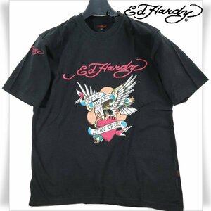 新品1円～★Ed Hardy エドハーディー メンズ 半袖 コットン綿 天竺 Tシャツ L 黒 ブラック クルーネック カットソー ◆1719◆