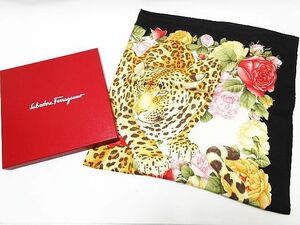 未使用保管品 Salvatore Ferragamo サルヴァトーレフェラガモ 大判 スカーフ シルク100% レオパード ヒョウ柄 アニマル 花柄 薔薇 バラ 黒