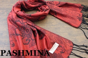 新品 中薄手【パシュミナ Pashmina】BIGフラワー柄 レッド×ブラック RED×BLACK 大判 ストール カシミア100% Cashmere 