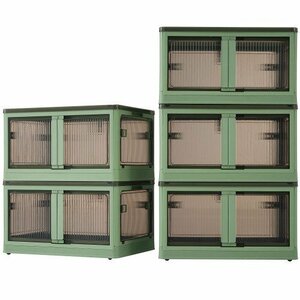 収納ボックス 5個セット （クリア+ホワイト） 収納ケース 折りたたみ ５面開き 積み重ね 蓋付き 扉付き 組み立て簡単 Green
