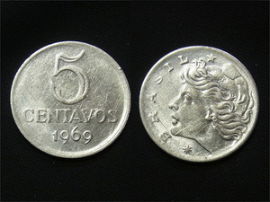 【ブラジル】 5センタボス 1969年　ステンレススチール　Centavos