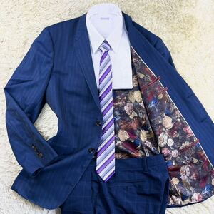 圧倒的存在感◎ 未使用級XLサイズ◎ ポールスミス【王者の輝き】PaulSmith スーツ 現行タグ◎ 花柄◎ フラワー◎ 極光沢◎ シルク混 紺色