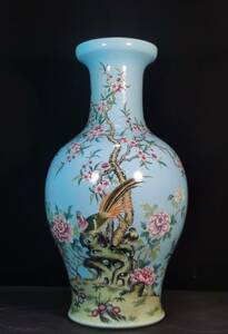 【多寶屋】■古美術 旧家蔵出■大清雍正年製款　琺瑯彩　天藍釉　花鳥紋橄欖瓶　珍蔵品　時代物　A77