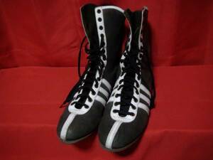 ◎ adidas アディダス レトロビンテージボクシングブーツ レスリング 格闘技 ロング 本革レザー 黒白 42 26.5cm ドイツ製 シューズ 靴