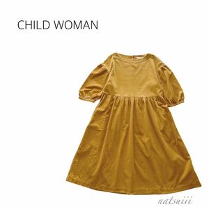 CHILD WOMAN チャイルドウーマン . ぽわん袖 コーデュロイ マスタード イエロー ギャザー ワンピース 送料無料