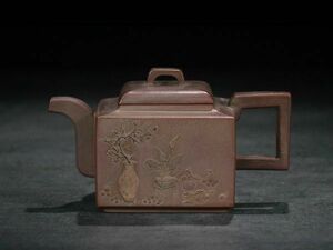 古びた蔵『明 陳挺生製 陶磁器 紫砂急須 泥絵紋紫砂方壺』極細工 急須 茶道具 古賞物 古美術 中国古玩