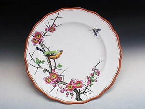 英国 陶磁器 登録印 古窯 梅と虫を見つめる小鳥絵 大皿 ◆ 英国アンティーク