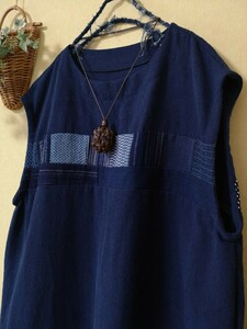 送料無料！手作り♪新生地日本製藍染ローシルク、絹、と日本の藍染木綿、刺し子、フレンチ袖ジャンパースカートワンピース、楽で素敵に♪
