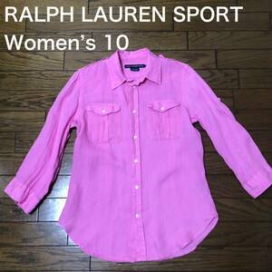 【送料無料】RALPH LAUREN SPORT リネン100%7分袖シャツ　ピンク　レディース10サイズ　ラルフローレンスポーツ麻長袖半袖