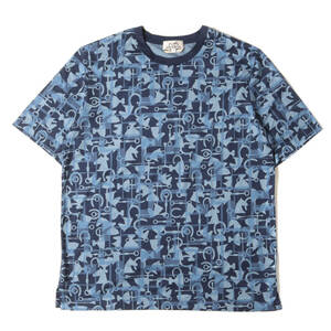 美品 HERMES エルメス Tシャツ サイズ:XL 20AW ジオメトリック リンガーネック 半袖Tシャツ 総柄 馬具 ネイビー ブルー イタリア製