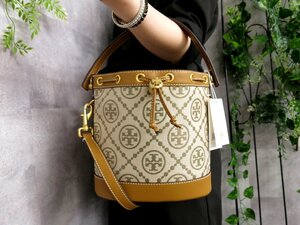 超美品●TORY BURCH トリーバーチ●Tモノグラム バケット●ジャカード カーフ レザー 本革●2way 巾着 ハンド バッグ●ヘーゼル●Js45913