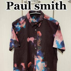 ポールスミス Paul smith 総柄シャツ　ヨーロピアン　マーブル　タイダイ　Lサイズ　半袖シャツ　ダークブラウン