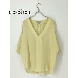 A7826/春夏 STUDIO NICHOLSON スタジオニコルソン シルク100% Vネック 半袖 七分丈 Tシャツ カットソー ブラウス 1 M程 黄色/レディース