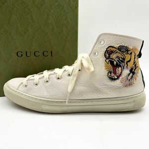 1円 【未使用級】 GUCCI グッチ 【王者の貫禄】 メンズ スニーカー ハイカット 靴 刺繍 虎 タイガー シェリーライン ホワイト 8 27cm相当