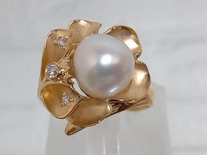 K18／南洋真珠ダイヤ0.09ct／デザインリング／指輪／12号／8.2ｇ／研磨済 店舗受取可