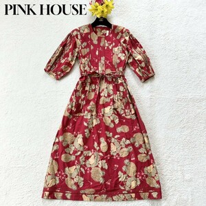 1円～美品 PINK HOUSE ピンクハウス ワンピース ロング 花柄 半袖 リボン 赤 レッド 