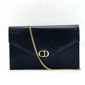 1円 極美品 Christian Dior クリスチャンディオール カーフレザー ブラック チェーンショルダーバッグ CDロゴ ゴールド金具