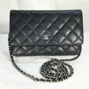 送料無料 中古A シャネル 財布 CHANEL チェーンウォレット AP0250 マトラッセ キャビア 黒 ブラック シルバー金具 シール カード 箱 147677