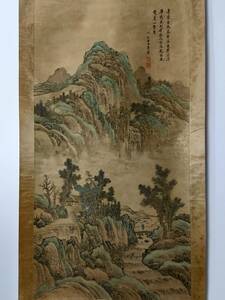 k清代 中国 古画 收藏 めったにない 重な古代絹の表装唐寅【山水、 旧四尺中堂画の純手描きをする 】国画 中国古美術 賞物 時代物 12.10