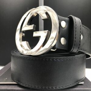 1円【美品/最高級】GUCCI グッチ ベルト インターロッキング デカロゴ GG ブラック 黒 シルバー金具 通勤 通学 仕事 ビジネス メンズ 4cm幅