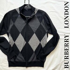 美品 春夏向け 薄手ニット【BURBERRY LONDON】ジップアップセーター サイズL ネイビー ホース刺繍 ブルゾン