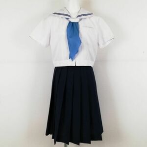 1円 セーラー服 スカート スカーフ 上下3点セット 夏物 青3本線 女子 学生服 中学 高校 白 制服 中古 ランクC NA5275