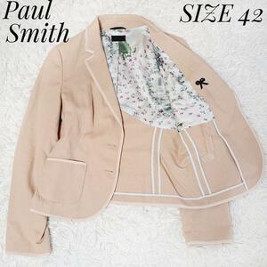 Paul Smith ポールスミス 大きいサイズ 花柄 リネン テーラードジャケット ピンクベージュ 42 転写 リボン 麻 パイピング サマー 背抜き