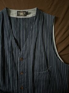 【名作】極美品 RRL INDIGO STRIPE VEST ダブルアールエル ストライプ インディゴ 本藍染め コットン リネン ベスト XL