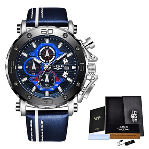 LIGE メンズ 腕時計 高品質 クオーツ カジュアル スポーツ レザー ウォッチ 9996 クロノグラフ 生活防水 時計 シルバー× ブルーL