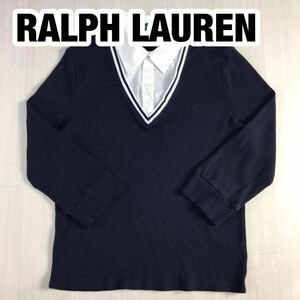 LAUREN RALPH LAUREN ローレン ラルフローレン デザインニット セーター XL ネイビー×ネイビー 刺繍ロゴ