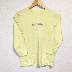 F5077db イタリヤ（伊太利屋/GKITALIYA）七分袖ニットトップス　９(S〜M位) イエロー　レディース　Tシャツ ラメプリント　シルク混