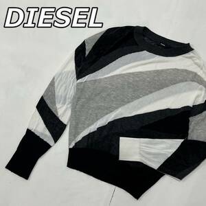 【DIESEL】ディーゼル アルパカ モヘヤ カシミヤ混 切り替えし 薄手 ニットセーター クルーネック 長袖 黒 白 灰 ブラック ホワイト グレー